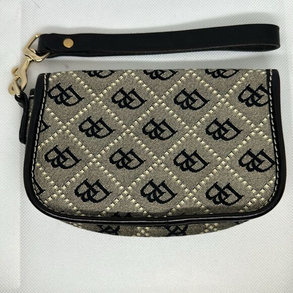 Dooney & Bourke Black Leather Gray Canvas Flap Wristlet Wallet Signature Logo - Picture 2 of 6